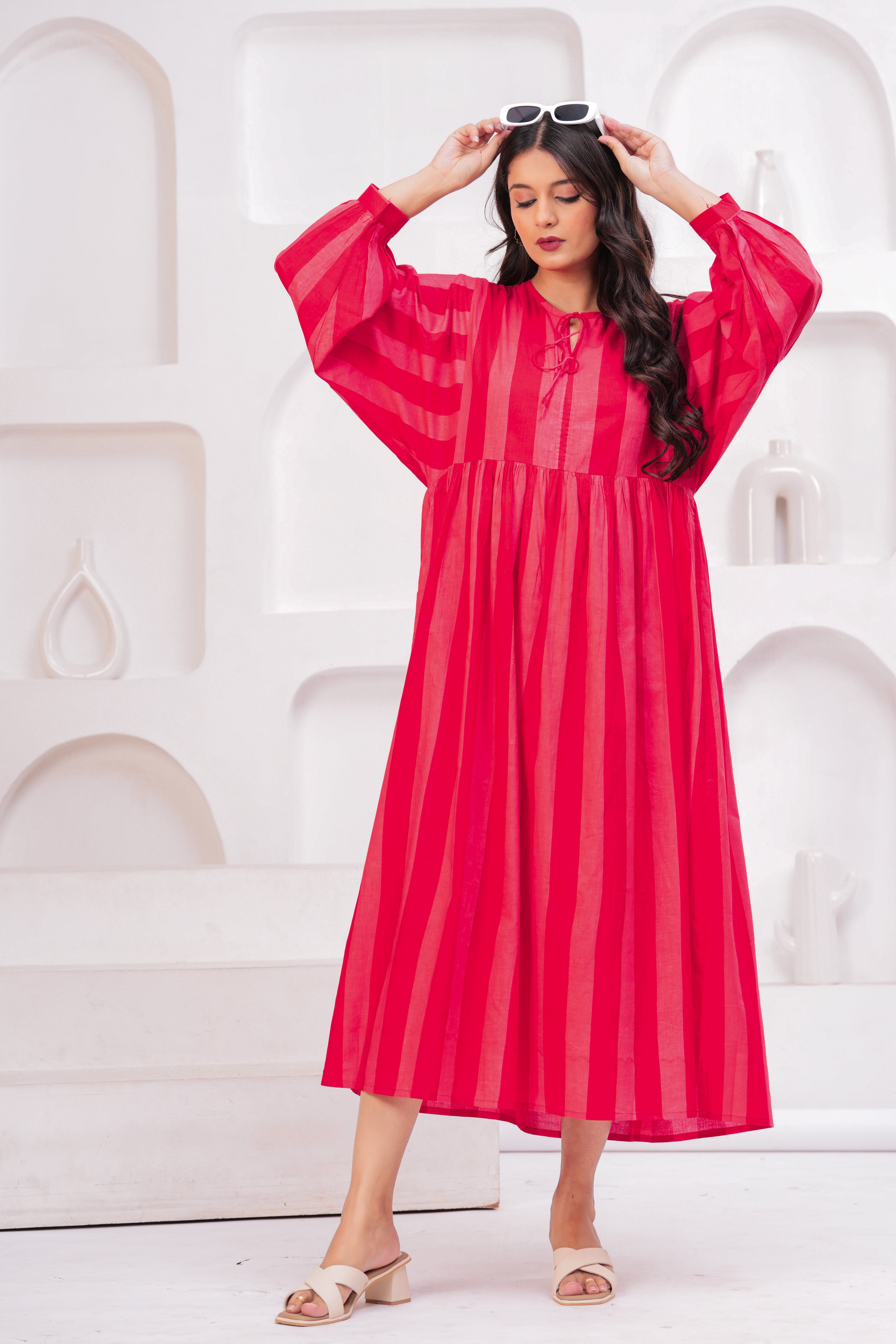 Pink Long Cotton Gown With Heavy Flair